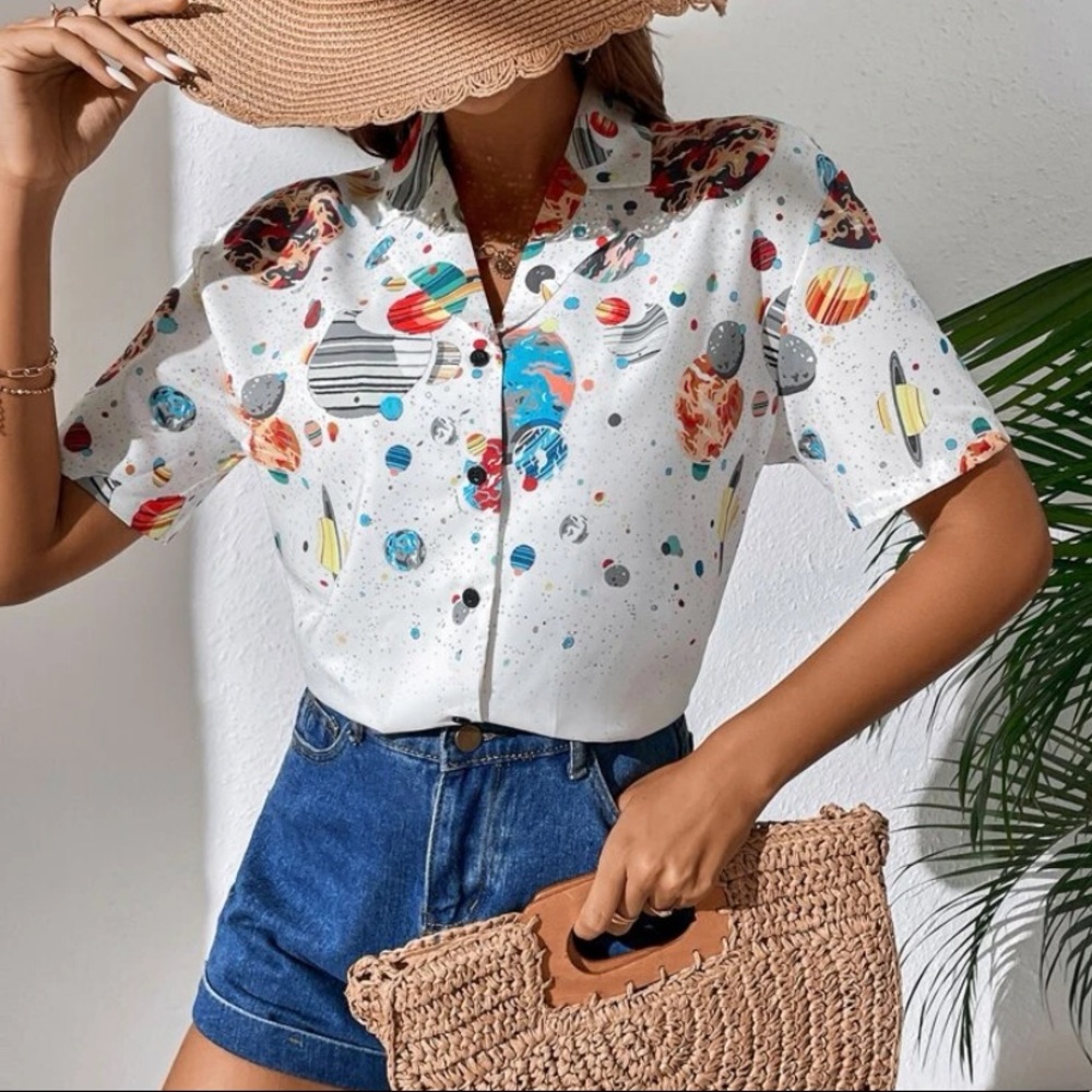 Space Patterned Button Down - White Short Sleeve - image 3